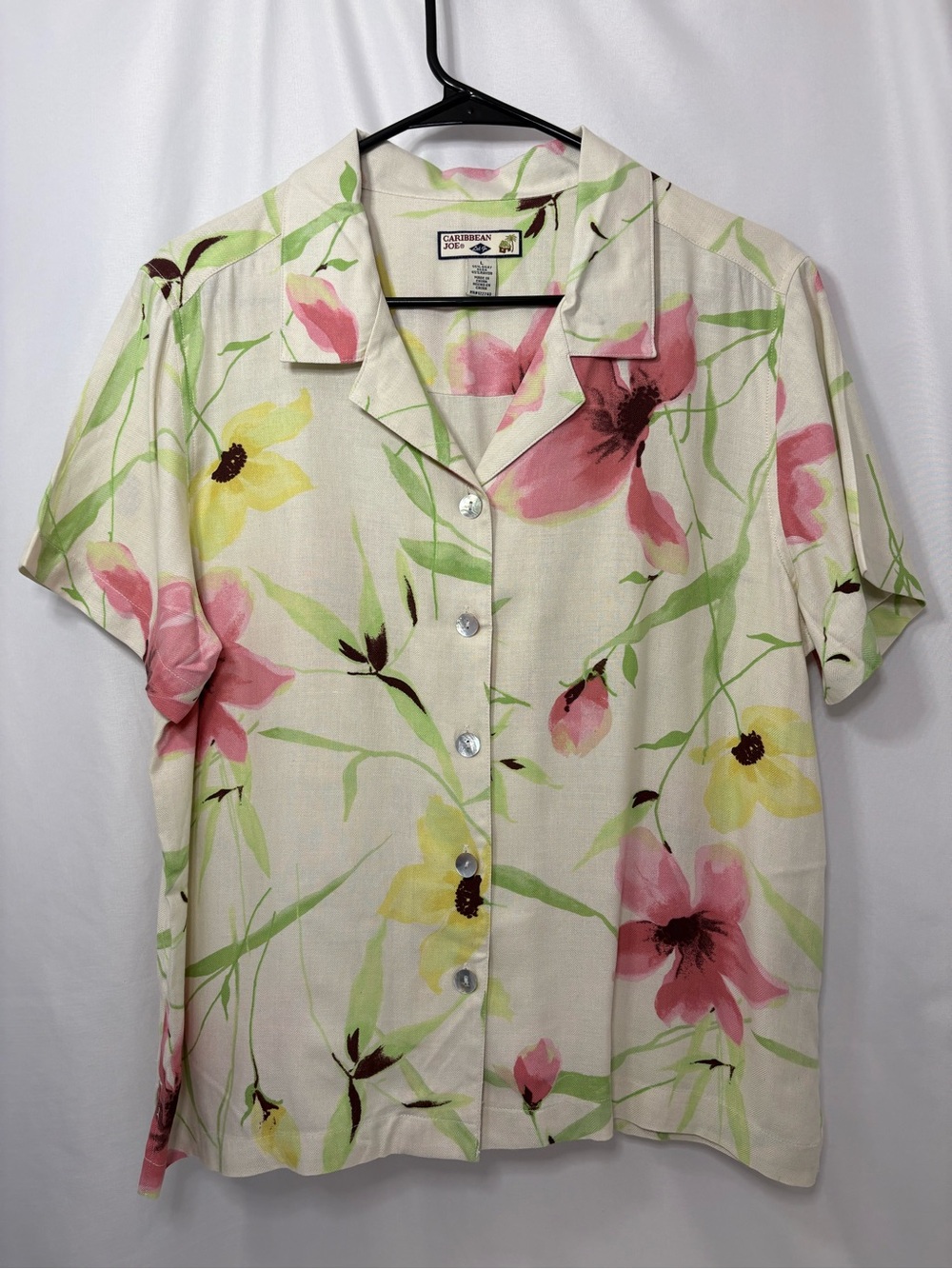 Caribbean Joe Cream Floral Camp Shirt with Pink & Yellow Blooms Size Large